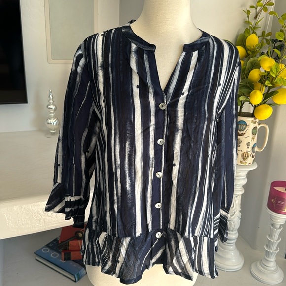 Habitat Navy Stripe Button Up 3/4” Blouse - Picture 1 of 9